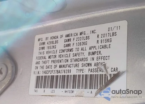 2011 Honda Accord 2.4 Lx from USA, damaged, VIN 1HGCP2F37BA076299